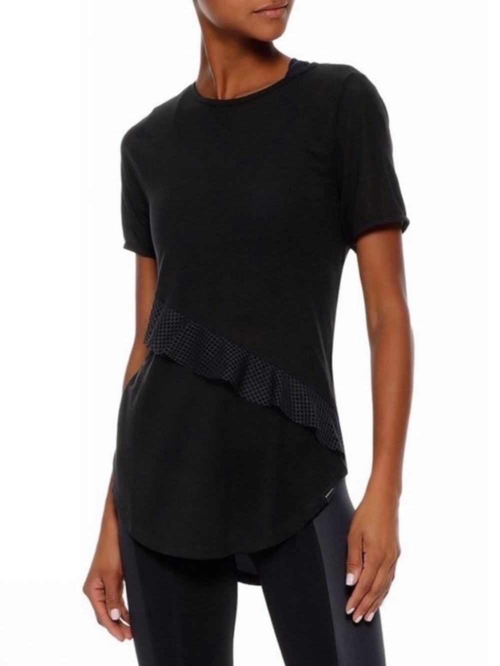 Koral by Ilana Kugel Threshold Mesh Ruffle Detail Short Sleeve Black Tee
